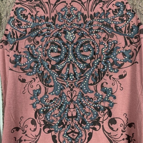 Daytrip Open Weave Raglan Sleeve Rhinestone Lace Inset Tee Shirt Small - Picture 5 of 7